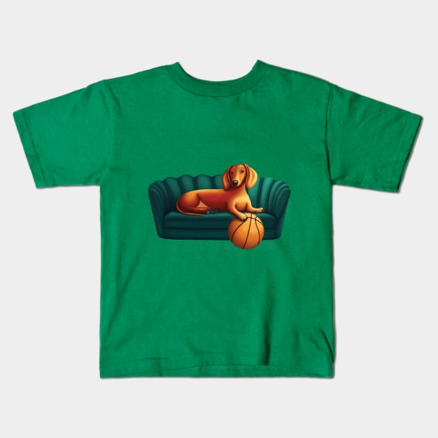 Dachshund on a couch Kids T-Shirt by SqwabbitArt